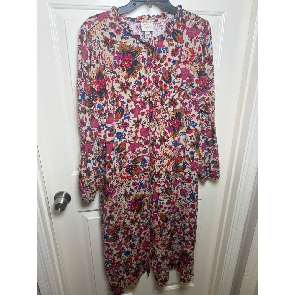 St Johns Bay Womens 0X Floral Paisley Viscose Midi Dress Long Sleeve Boho Multi